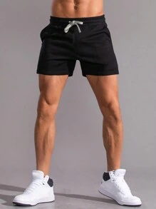 Manfinity Homme Men Drawstring Waist Slant Pocket Shorts - Black - View 3