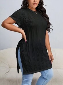 SHEIN Essnce Plus Split Hem Tee - Black - View 1