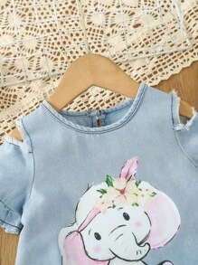 Baby Girl Unicorn Print Cold Shoulder Denim Dress - Light Wash - View 3