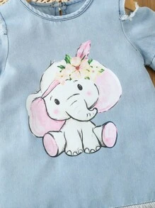 Baby Girl Unicorn Print Cold Shoulder Denim Dress - Light Wash - View 4