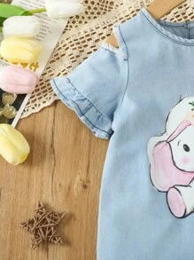Baby Girl Unicorn Print Cold Shoulder Denim Dress - Light Wash - View 5