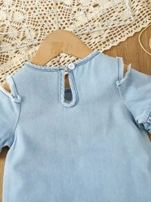 Baby Girl Unicorn Print Cold Shoulder Denim Dress - Light Wash - View 6