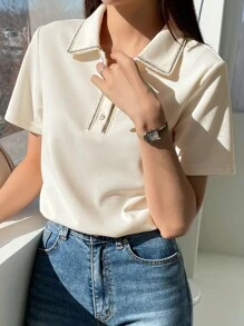 DAZY Polo Neck Contrast Trim Half Button Tee