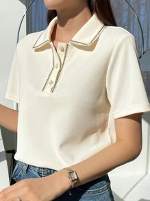 DAZY Polo Neck Contrast Trim Half Button Tee