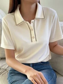 DAZY Polo Neck Contrast Trim Half Button Tee