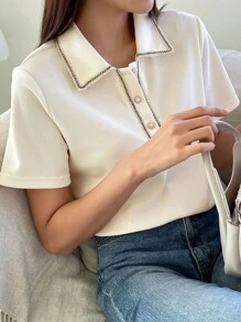 DAZY Polo Neck Contrast Trim Half Button Tee