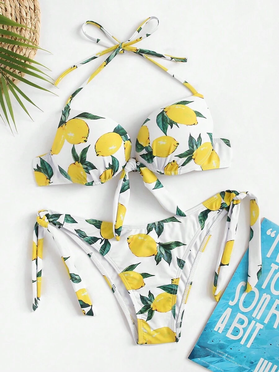 柠檬印花吊带上衣搭配系带侧边比基尼套装，适合夏季海滩度假 - 彩色 - 查看 1