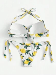 柠檬印花吊带上衣搭配系带侧边比基尼套装，适合夏季海滩度假 - 彩色 - 查看 2