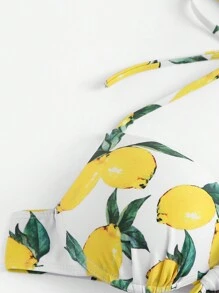 柠檬印花吊带上衣搭配系带侧边比基尼套装，适合夏季海滩度假 - 彩色 - 查看 3