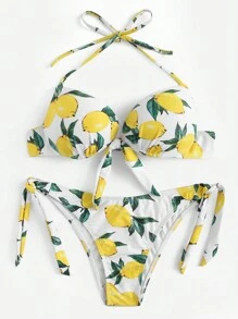 柠檬印花吊带上衣搭配系带侧边比基尼套装，适合夏季海滩度假 - 彩色 - 查看 5