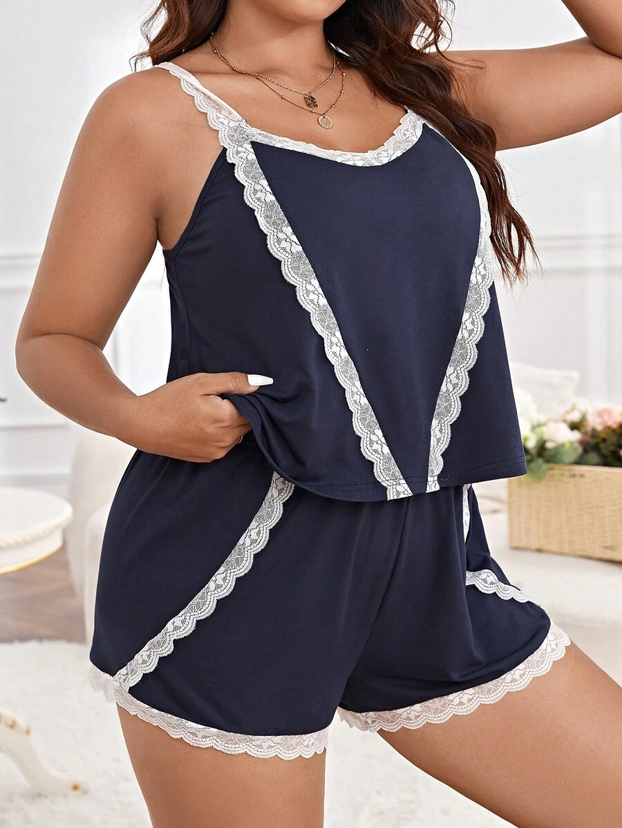 Plus Lace Trim Cami Top & Shorts PJ Set - Blue and White - View 1
