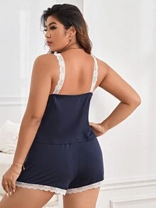 Plus Lace Trim Cami Top & Shorts PJ Set - Blue and White - View 2