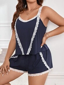 Plus Lace Trim Cami Top & Shorts PJ Set - Blue and White - View 3