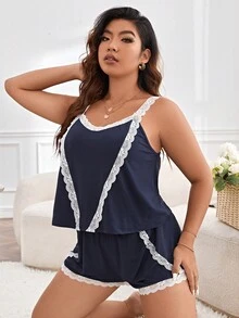 Plus Lace Trim Cami Top & Shorts PJ Set - Blue and White - View 4