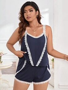 Plus Lace Trim Cami Top & Shorts PJ Set - Blue and White - View 6