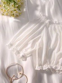 褶邊一字肩內衣套裝 - 白色 - 查看 4