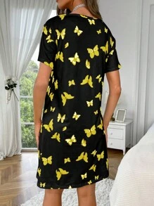 Butterfly Print Pajama Nightdress - Yellow - View 2