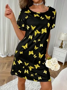 Butterfly Print Pajama Nightdress - Yellow - View 4