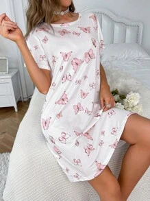 Butterfly Print Pajama Nightdress - Baby Pink - View 1