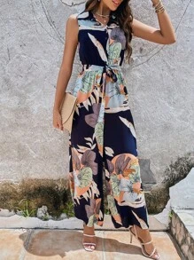 SHEIN LUNE Bản in nhiệt đới Thắt lưng Áo liền quần - Nhiều màu - Xem 3