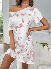 Butterfly Print Pajama Nightdress - Baby Pink - View 3