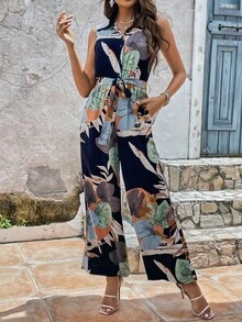 SHEIN LUNE Bản in nhiệt đới Thắt lưng Áo liền quần - Nhiều màu - Xem 4