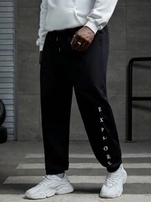 EASEVO 男士大码字母圖案腰部抽繩長褲 - 黑色 - 查看 1