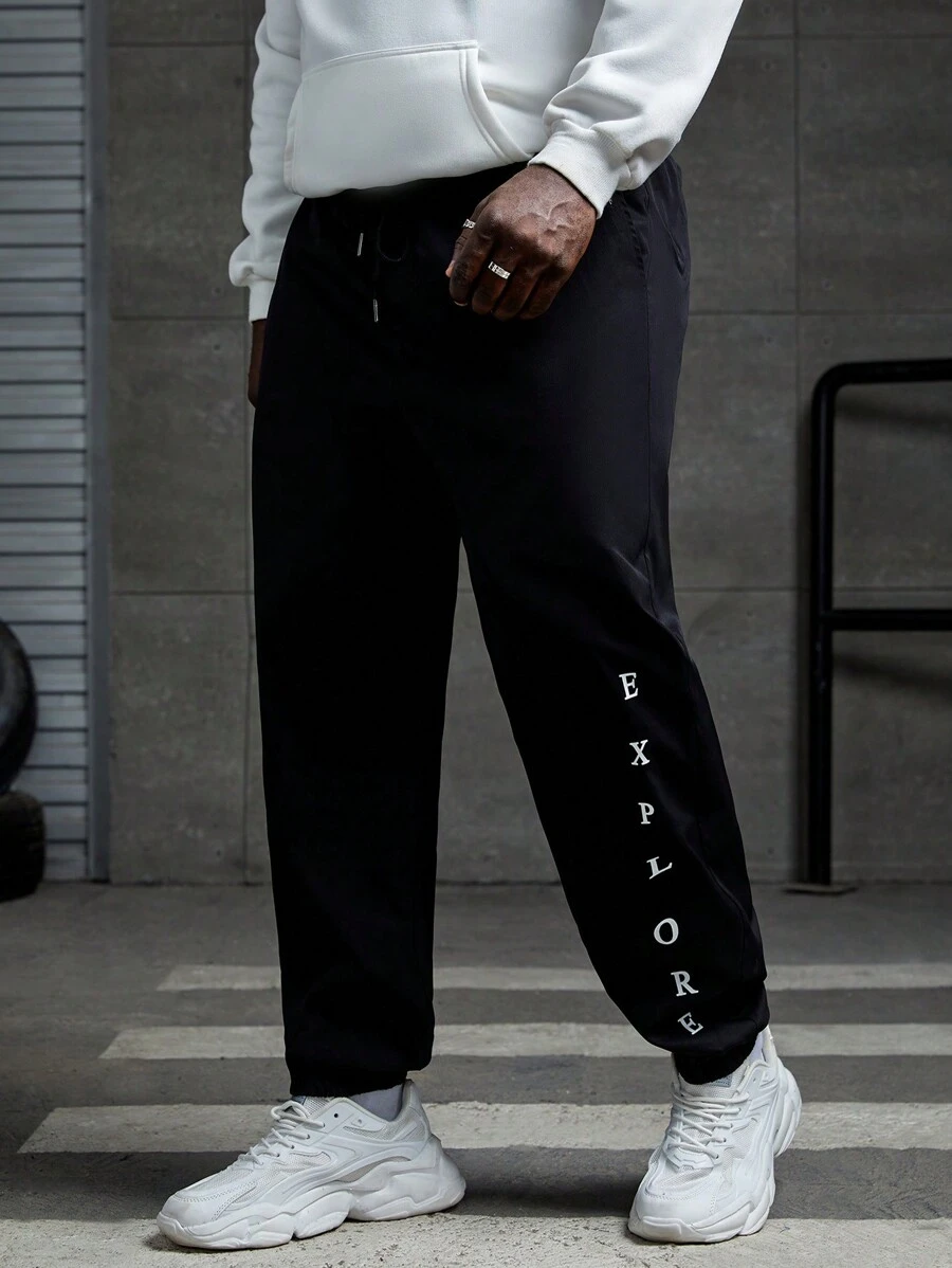 EASEVO 男士大码字母圖案腰部抽繩長褲 - 黑色 - 查看 1