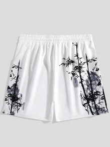 ROMWE MEN Anime Spring/Summer Casual Graphic White Men Chinese Letter & Dragon Graphic Drawstring Waist Shorts, School - White - View 2