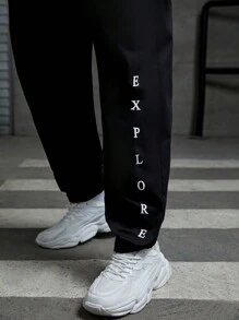 EASEVO 男士大码字母圖案腰部抽繩長褲 - 黑色 - 查看 3