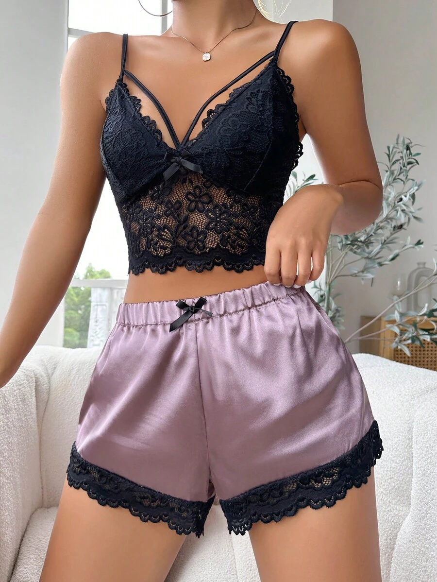 SHEIN Lace Cami Top & Satin Shorts PJ Set / Pajama Set - Multicolor - View 1