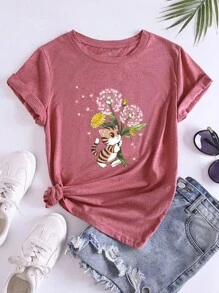 SHEIN EZwear 卡通圖案T恤 - 珊瑚粉 - 查看 1