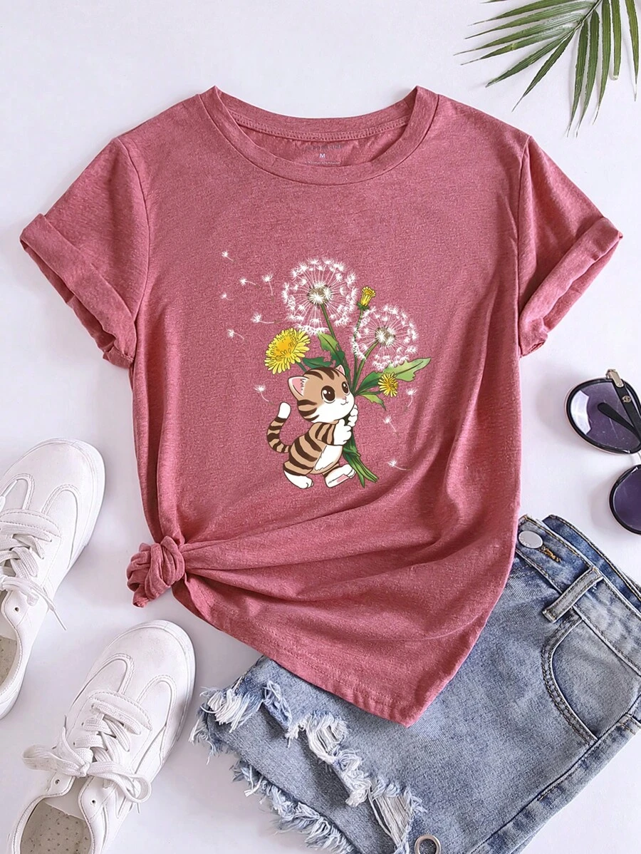 SHEIN EZwear 卡通圖案T恤 - 珊瑚粉 - 查看 1