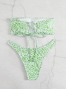 斑點印花抹胸比基尼泳裝 - 綠色 - 查看 2