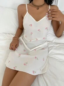 印花吊帶睡裙 - 米色 - 查看 1