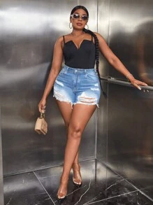 Quần short denim oversized Túi Hem thô Bị tách màu trơn - Rửa nhẹ - Xem 4