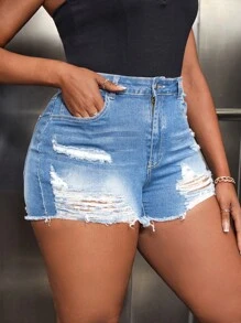 Quần short denim oversized Túi Hem thô Bị tách màu trơn - Rửa nhẹ - Xem 6