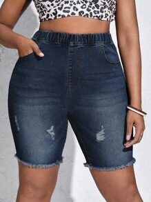 SHEIN SXY Quần short denim oversized Nút Túi Dây kéo Hem thô Bị tách màu trơn - Rửa tối - Xem 1