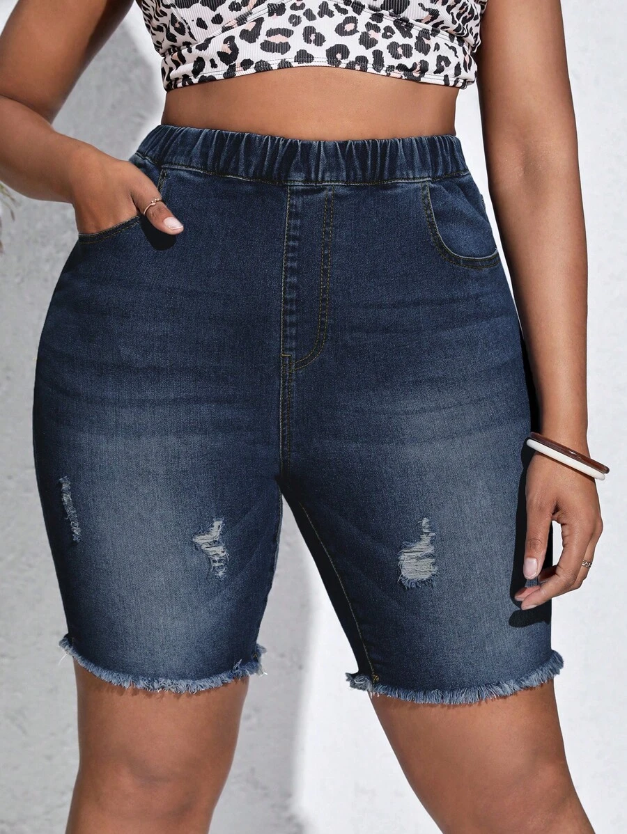 SHEIN SXY Quần short denim oversized Nút Túi Dây kéo Hem thô Bị tách màu trơn - Rửa tối - Xem 1
