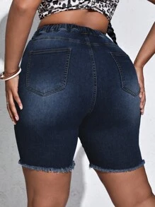 SHEIN SXY Quần short denim oversized Nút Túi Dây kéo Hem thô Bị tách màu trơn - Rửa tối - Xem 2