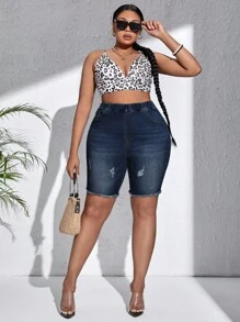 SHEIN SXY Quần short denim oversized Nút Túi Dây kéo Hem thô Bị tách màu trơn - Rửa tối - Xem 3