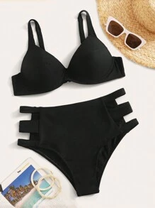 SHEIN Swim Conjunto de bikini con recortes para playa de verano - Negro - Ver 3
