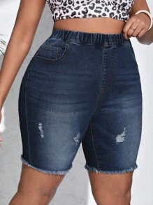 SHEIN SXY Quần short denim oversized Nút Túi Dây kéo Hem thô Bị tách màu trơn - Rửa tối - Xem 4