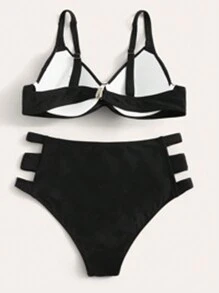 SHEIN Swim Conjunto de bikini con recortes para playa de verano - Negro - Ver 4