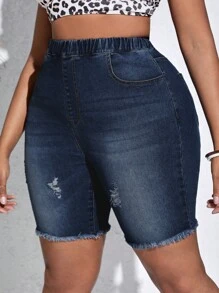 SHEIN SXY Quần short denim oversized Nút Túi Dây kéo Hem thô Bị tách màu trơn - Rửa tối - Xem 5
