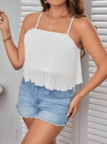 SHEIN Privé 大碼素色百褶吊帶上衣 - 白色 - 查看 4