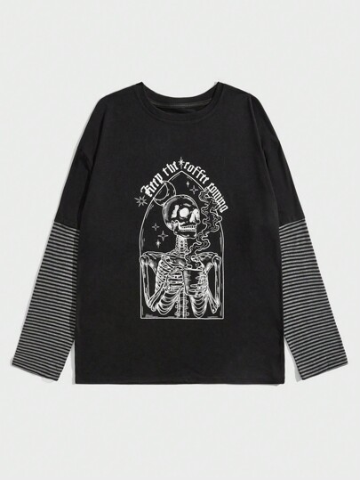 Mariexvx Guys Striped Slogan & Skeleton Print 2 In 1 Tee