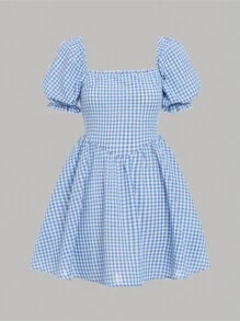SHEIN 青少年女孩格子圖案泡泡袖洋裝 - 藍白色 - 查看 1
