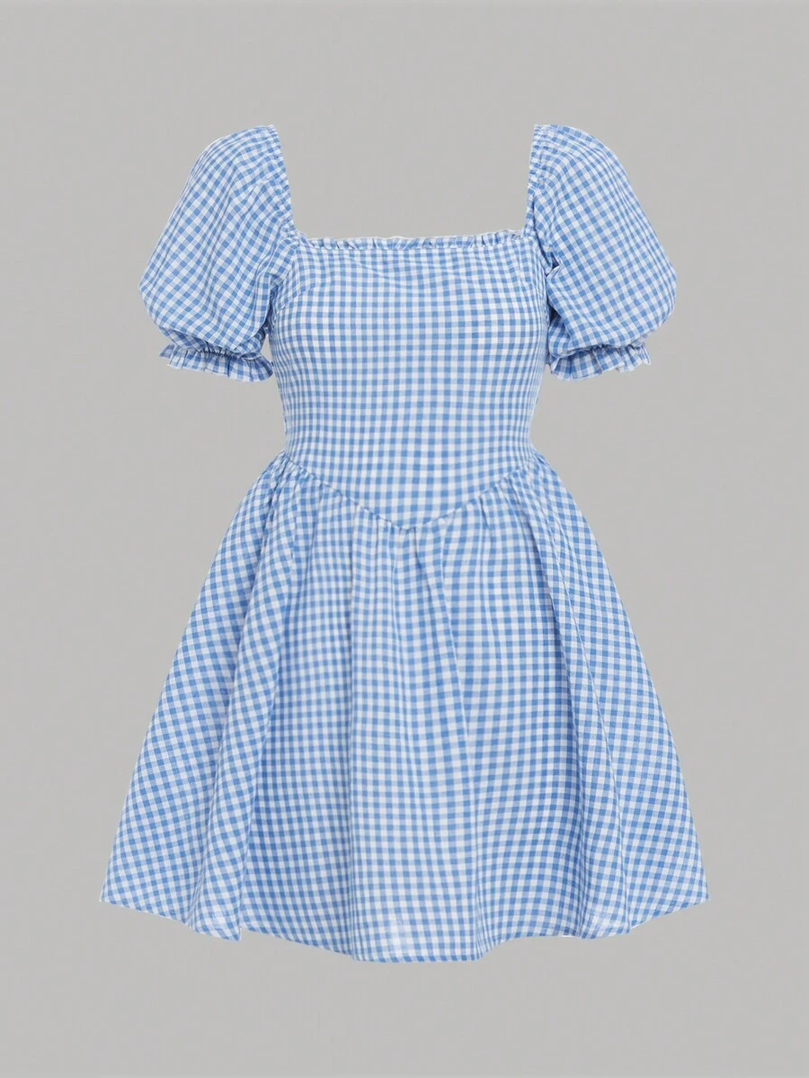 SHEIN 青少年女孩格子圖案泡泡袖洋裝 - 藍白色 - 查看 1