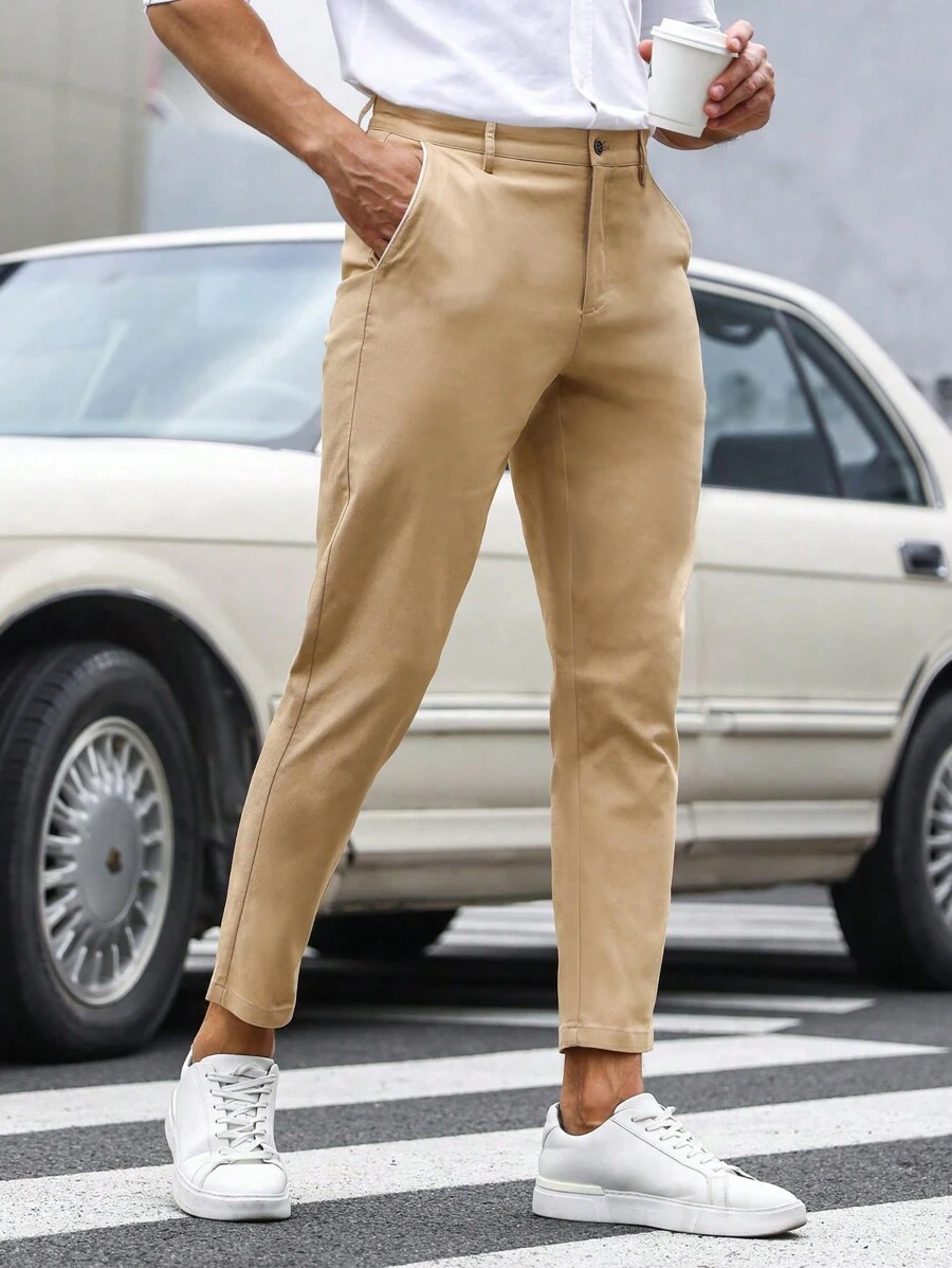 Manfinity Mode Men Solid Slant Pocket Cropped Suit Trousers - Khaki - View 1